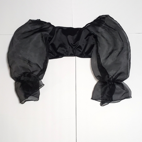 FASHION BLACK SATIN SHEER PUFF SLEEVE TOP..SIZE S - Picture 3 of 7